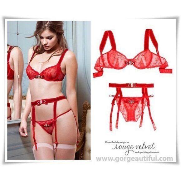 Victoria's Secret DESIGNER COLLECTION 32C,36C BRA SET+garter RED velvet Swarovsk - Picture 4 of 11